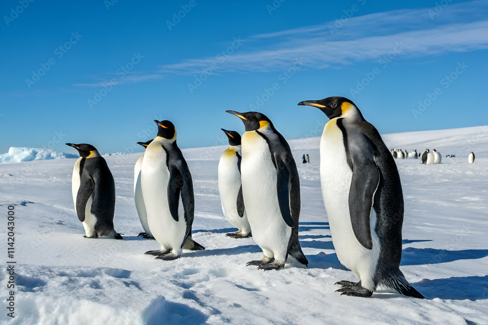 Obraz premium A group of emperor penguins stands on a snowy landscape under a clear blue sky, showcasing their distinctive black and white plumage.