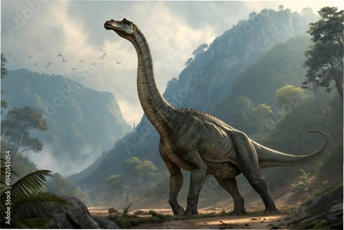 A majestic dinosaur stands in a lush prehistoric landscape, surrounded by mountains and greenery, evoking a sense of ancient life and natural beauty.