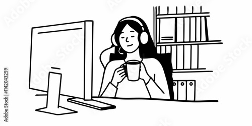 Calm woman relaxing in the office with coffee and music