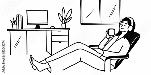 Calm woman relaxing in the office with coffee and music