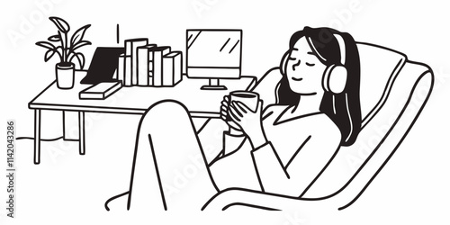 Calm woman relaxing in the office with coffee and music