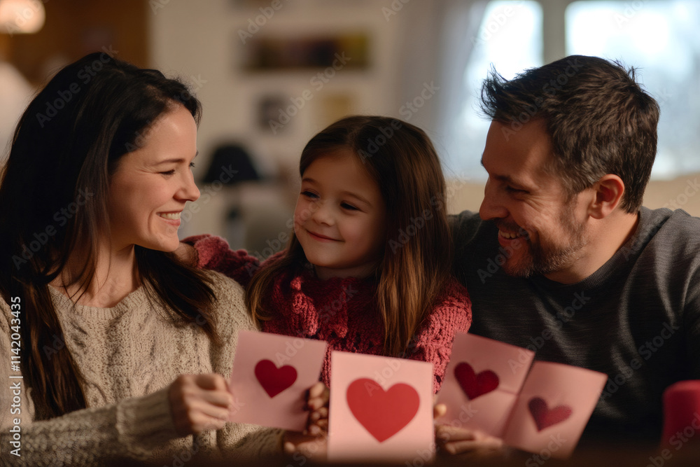 Smiling parents and daughter showing handmade valentine's day cards with hearts while sitting on sofa at home Smiling parents and daughter showing handmade valentine's day cards with hearts while sitting on sofa at home