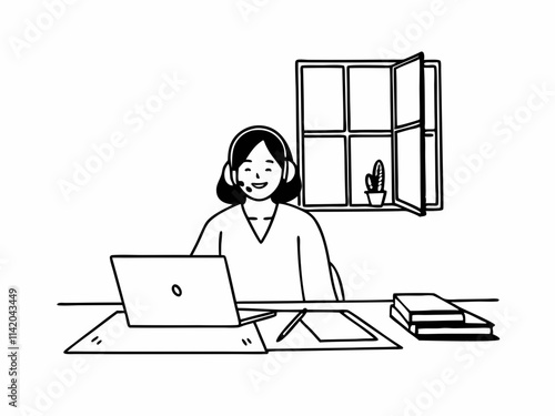 Cheerful young woman in headphones having web conference while working from home