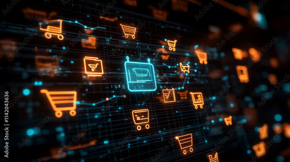 Digital retail ecosystem: A glowing hub-and-spoke diagram connecting shopping carts, digital icons, and upward charts, symbolizing e-commerce networks