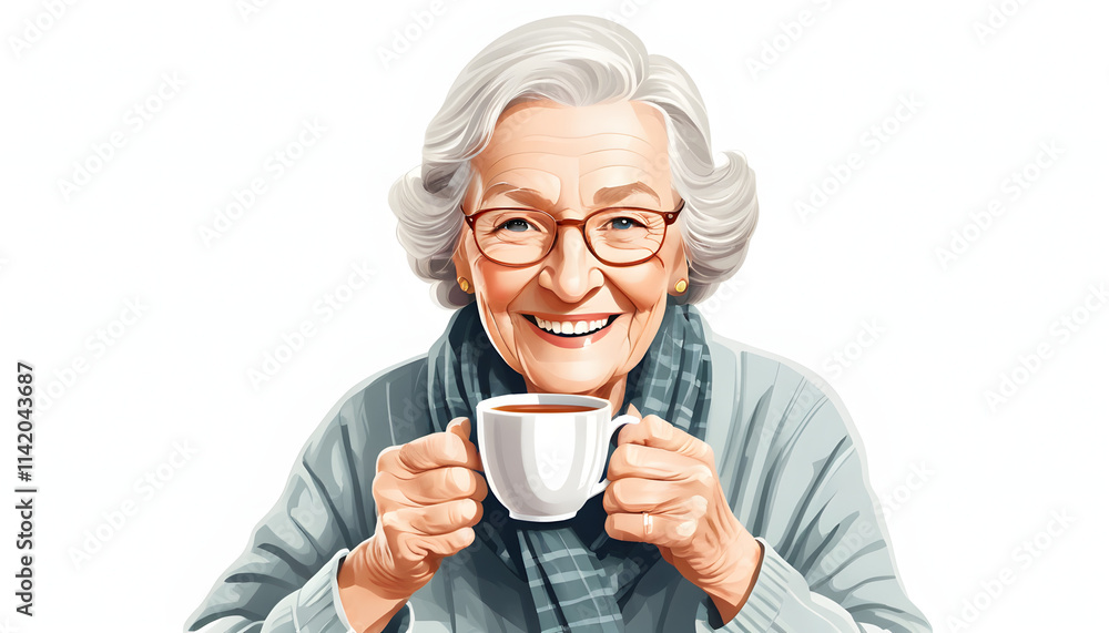 Cheerful elderly woman smiling while holding a cup of coffee on white background Cheerful elderly woman smiling while holding a cup of coffee on white background