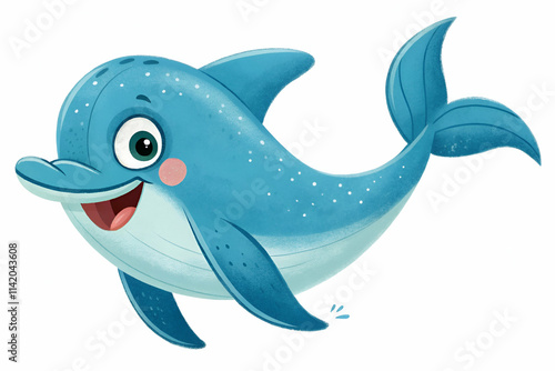 A cheerful cartoon dolphin with a bright blue body and a friendly smile, swimming happily in a playful pose. photo