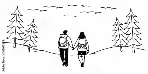 Couple with backpacks hiking together in forest during sunset