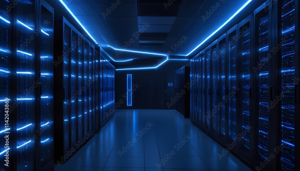A long corridor in a data center filled with rows of server racks and glowing blue lights, creating a futuristic and high-tech atmosphere A long corridor in a data center filled with rows of server racks and glowing blue lights, creating a futuristic and high-tech atmosphere