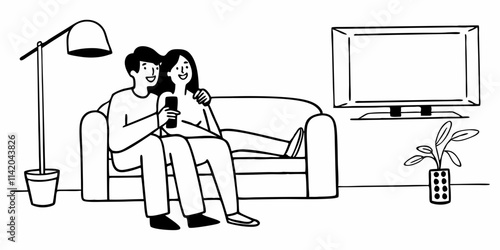 Diverse couple, watching tv and remote on living room couch with smile, hug or relax with click for choice, show or film