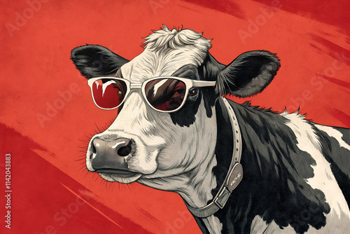 A stylish cow wearing sunglasses against a vibrant red background, showcasing a fun and quirky artistic design.