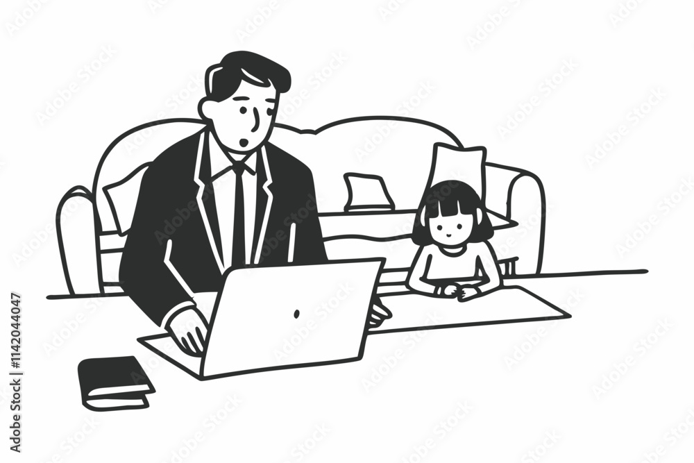Father and daughter are working on a laptop. businessman working from home and watching the child Father and daughter are working on a laptop. businessman working from home and watching the child