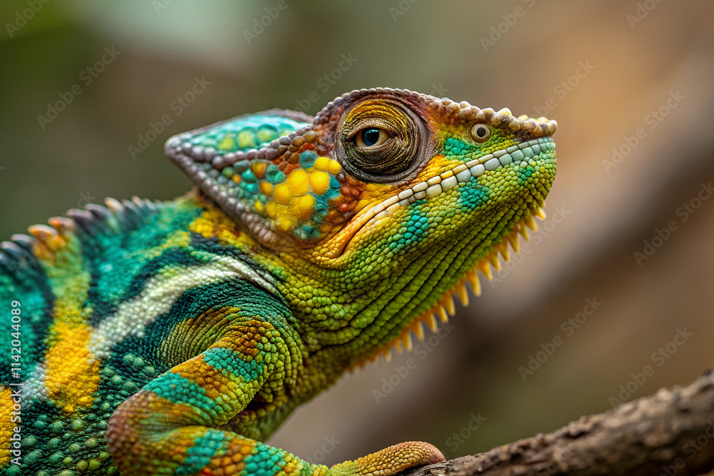 A vibrant close-up of a chameleon showcasing its colorful skin against a blurred natural background. A vibrant close-up of a chameleon showcasing its colorful skin against a blurred natural background.
