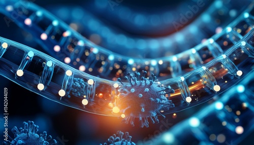 Wallpaper Mural DNA and Virus Interaction: Microscopic view of a virus interacting with DNA strands, a 3D rendering highlighting the complex relationship between genetic material and viral infection.   Torontodigital.ca