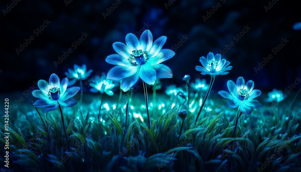 Luminous flowers blooming on a dark meadow Luminous flowers blooming on a dark meadow