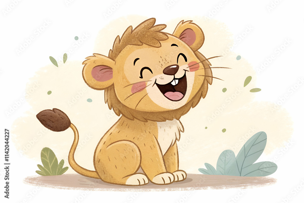 A cheerful, cartoon lion sits happily, showcasing a playful expression with a bushy mane and a vibrant background of leaves and gentle colors. A cheerful, cartoon lion sits happily, showcasing a playful expression with a bushy mane and a vibrant background of leaves and gentle colors.