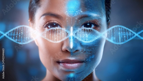 Biodigital Woman:  A captivating portrait of a woman with a futuristic, biodigital overlay, symbolizing the intersection of human biology and technology. The image evokes themes of innovation. photo