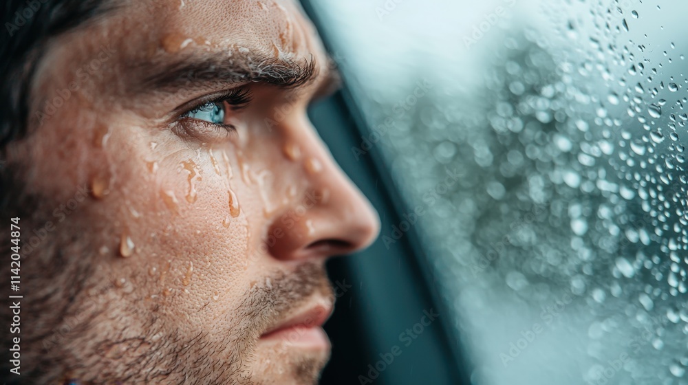Depression and sadness diagnosis, A close-up of a man looking thoughtfully out of a rain-soaked window, with droplets cascading down the glass and beads of water on his face.