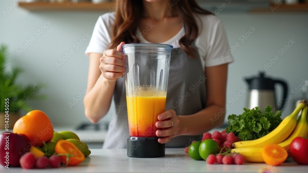 A person blending a colorful smoothie in a modern kitchen, surrounded by fresh fruits and vegetables A person blending a colorful smoothie in a modern kitchen, surrounded by fresh fruits and vegetables