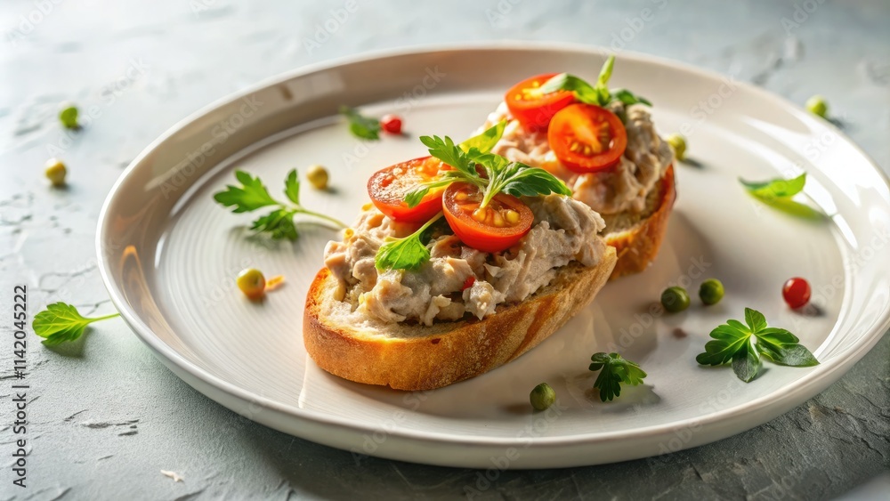 Drone's-eye view: gourmet tuna pâté bruschetta and delicate fish rillettes sandwich. Drone's-eye view: gourmet tuna pâté bruschetta and delicate fish rillettes sandwich.