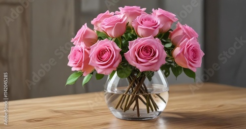 Fresh pink rose bouquet in a clear glass vase on a wooden table , , flowers, glass vase