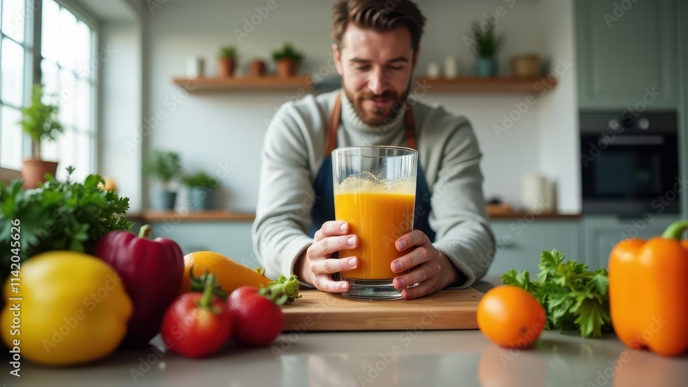 A person blending a colorful smoothie in a modern kitchen, surrounded by fresh fruits and vegetables A person blending a colorful smoothie in a modern kitchen, surrounded by fresh fruits and vegetables