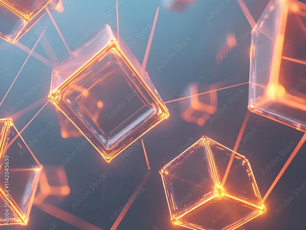 A futuristic scene with interconnected orange cubes and crystalline structures against a deep blue technological backdrop A futuristic scene with interconnected orange cubes and crystalline structures against a deep blue technological backdrop