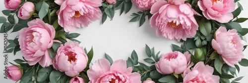 Wallpaper Mural Floral wreath made of pink peonies and eucalyptus on a plain white background , summer decoration, garland, flowers Torontodigital.ca