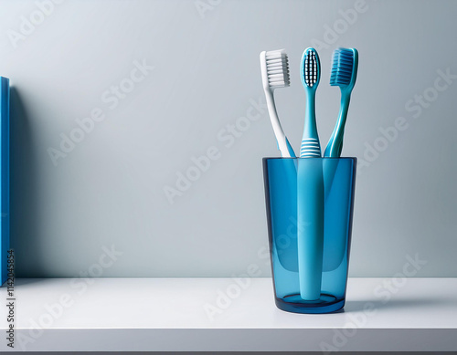 Tres cepillos de dientes en un vaso sobre una repisa de un cuarto de baño en tonos azules photo