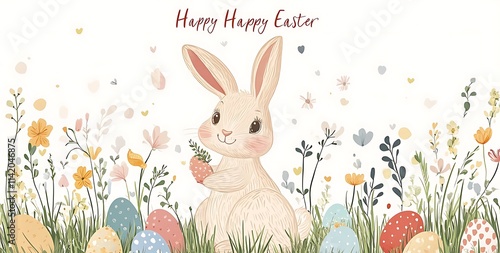 Cute Easter bunny, eggs, and spring flowers on a pastel background