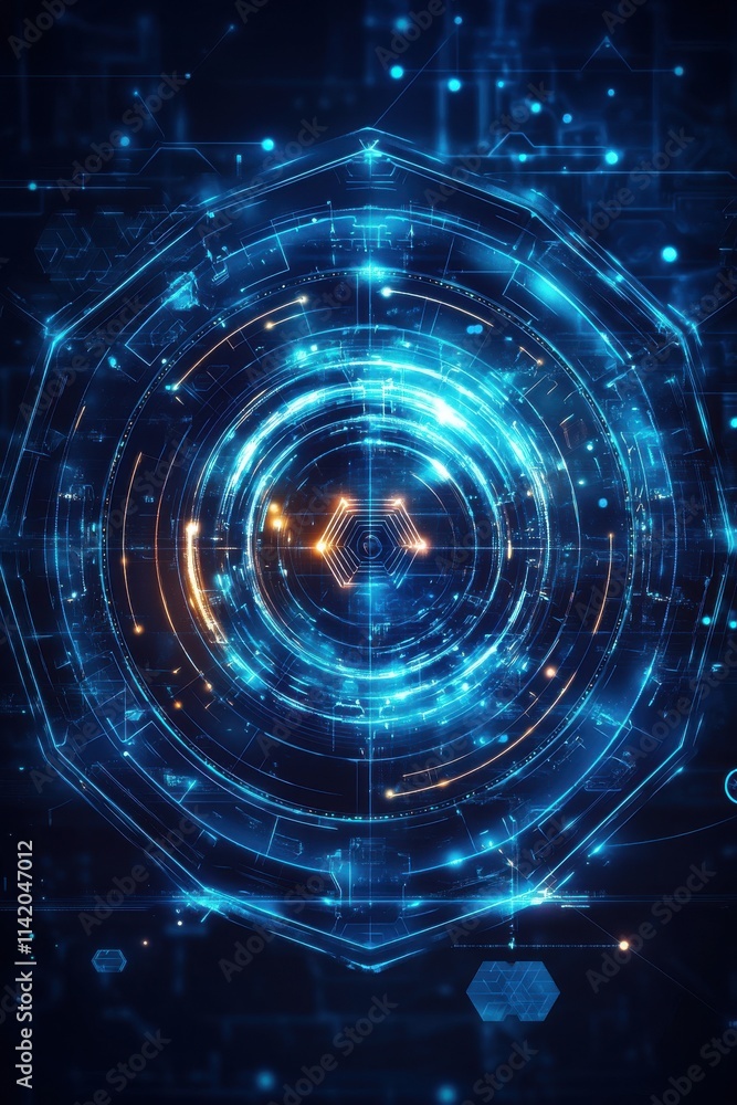 Obraz premium Futuristic blue technology abstract with intricate circular patterns and glowing elements.