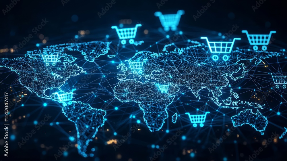 Global e-commerce map: A world map with glowing connections and shopping carts, symbolizing rapid online retail growth and global reach, with vibrant tech-style colors Global e-commerce map: A world map with glowing connections and shopping carts, symbolizing rapid online retail growth and global reach, with vibrant tech-style colors