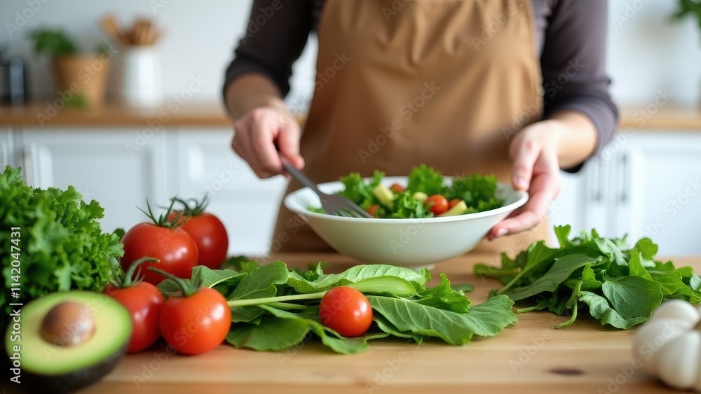A mother preparing a healthy green salad with avocados, tomatoes, and leafy greens in a bright, clean kitchen A mother preparing a healthy green salad with avocados, tomatoes, and leafy greens in a bright, clean kitchen