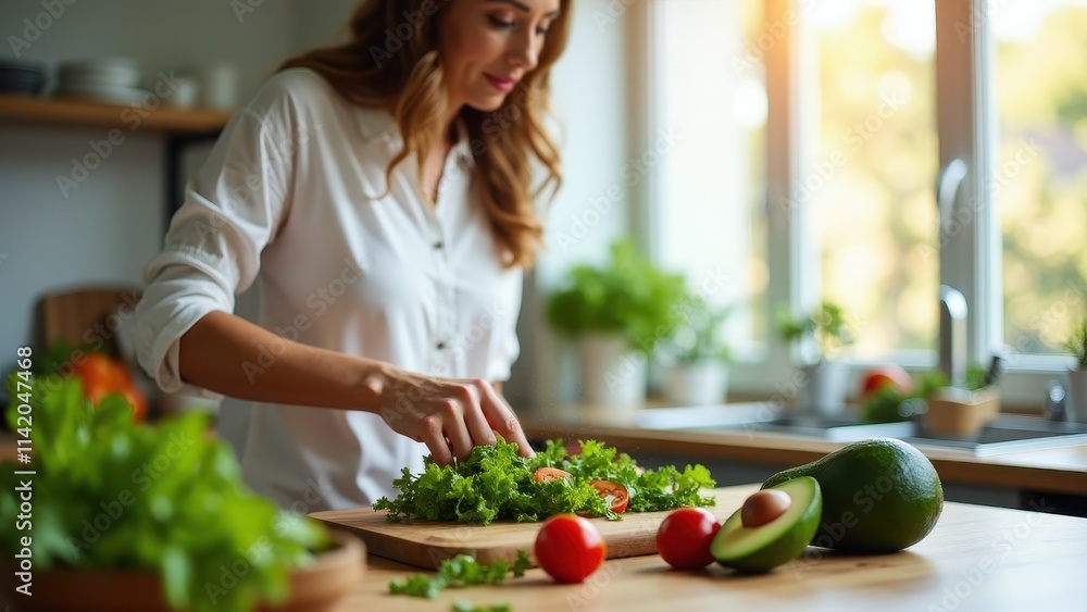 A mother preparing a healthy green salad with avocados, tomatoes, and leafy greens in a bright, clean kitchen A mother preparing a healthy green salad with avocados, tomatoes, and leafy greens in a bright, clean kitchen
