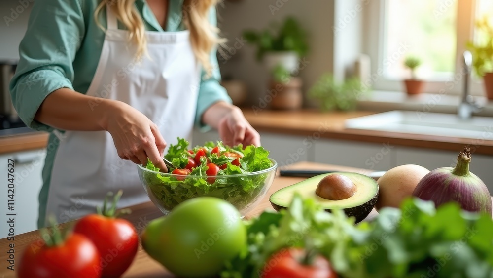 A mother preparing a healthy green salad with avocados, tomatoes, and leafy greens in a bright, clean kitchen A mother preparing a healthy green salad with avocados, tomatoes, and leafy greens in a bright, clean kitchen