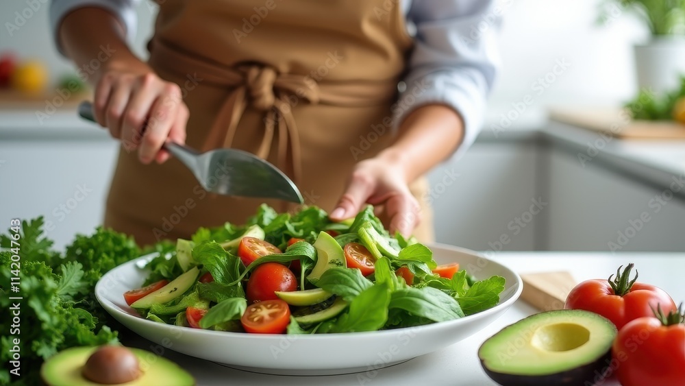 A mother preparing a healthy green salad with avocados, tomatoes, and leafy greens in a bright, clean kitchen A mother preparing a healthy green salad with avocados, tomatoes, and leafy greens in a bright, clean kitchen