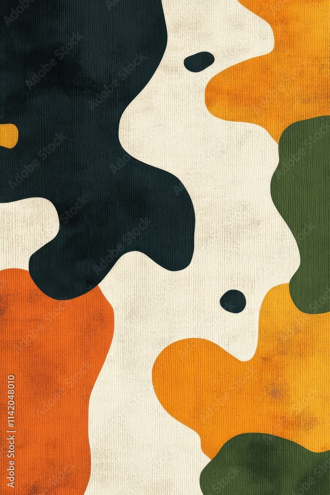 Abstract design featuring organic shapes in dark green, orange, and cream tones. Abstract design featuring organic shapes in dark green, orange, and cream tones.