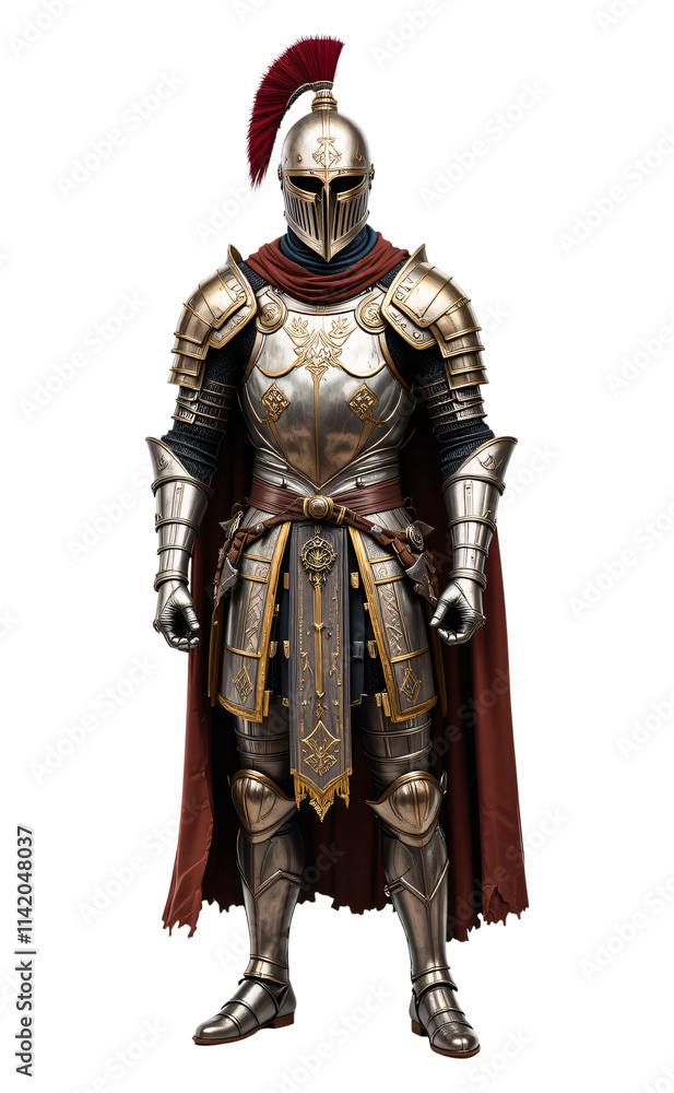 Medieval knight in armour with red cape and helmet isolated on a transparent background Medieval knight in armour with red cape and helmet isolated on a transparent background