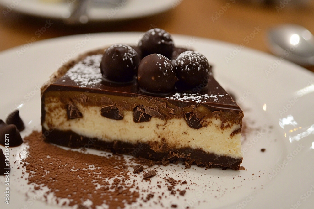 Chocolate dessert slice with toppings Chocolate dessert slice with toppings