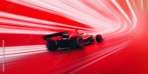 Formula 1 car speeding through a vibrant red background with glowing white lines, capturing the energy, motion, and futuristic elegance of motorsport design