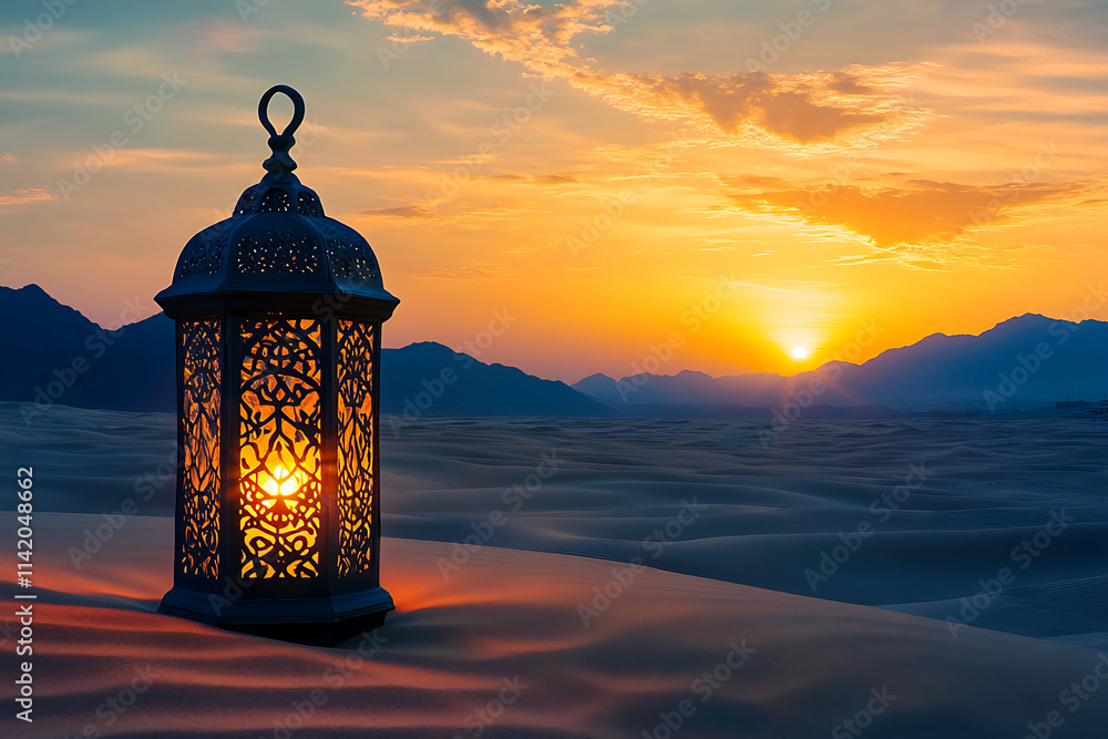 An Islamic Ramadan Kareem lantern with a burning candle illuminated the night sky. Ai generative An Islamic Ramadan Kareem lantern with a burning candle illuminated the night sky. Ai generative