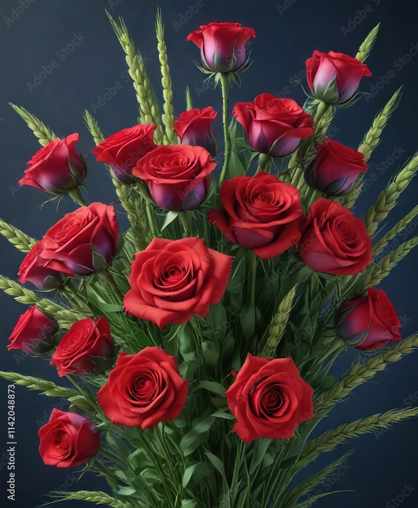 Dark blue or purple background with a large bunch of red roses and green wheat stalks in the center, botanical, wheat Dark blue or purple background with a large bunch of red roses and green wheat stalks in the center, botanical, wheat