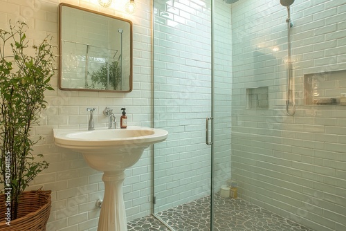 A compact vintage-modern bathroom featuring a pedestal sink and retro faucets. photo