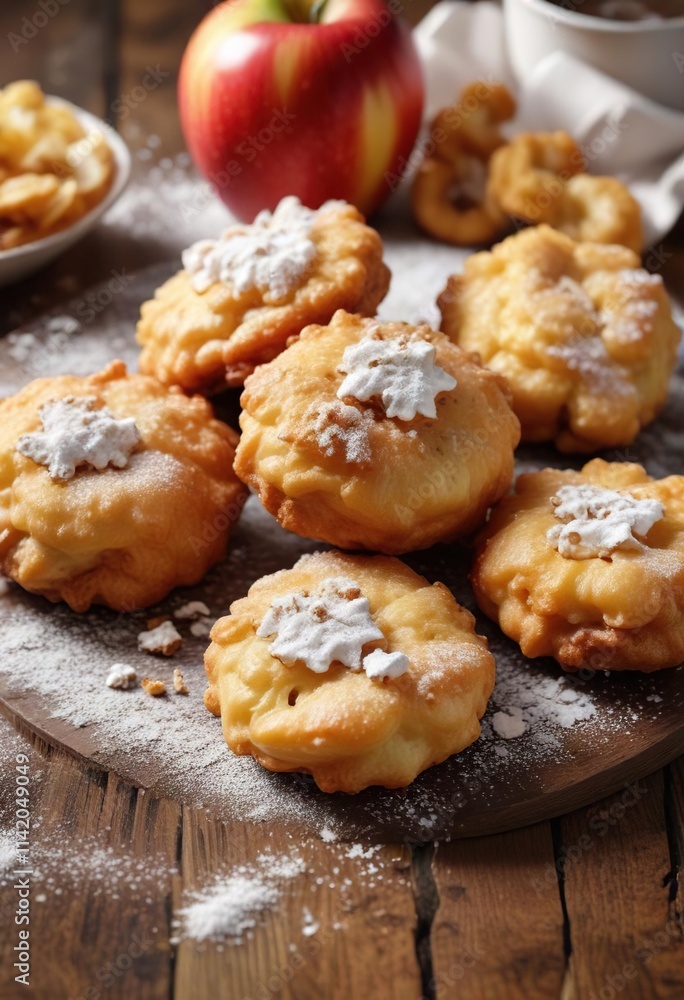 Crispy apple fritters scattered on a wooden table with golden brown batter and crunchy powdered sugar , table, baked Crispy apple fritters scattered on a wooden table with golden brown batter and crunchy powdered sugar , table, baked
