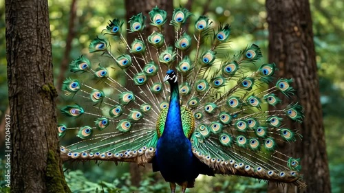 a blue peacock in the forest close up