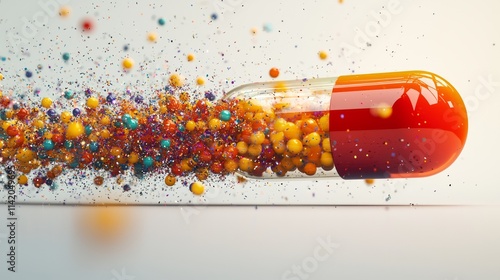 Next-gen capsules: Close-up of a capsule splitting open, releasing vibrant particles into a high-tech digital environment photo