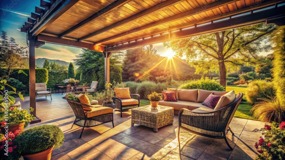 Fototapeta premium Modern house, vintage summer terrace. Canopy's shadow defines stylish outdoor space.