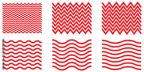 Wave line and wavy zigzag lines. Red underlines wavy curve zig zag line pattern in abstract style. Geometric decoration element. Vector illustration. Wave zigzag line simple thin to thick element 