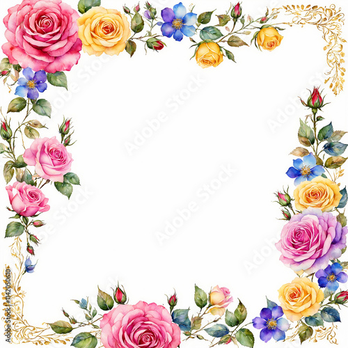 Wallpaper Mural A border of colorful roses and tiny flowers with gold lines on a white background - Generative AI Torontodigital.ca