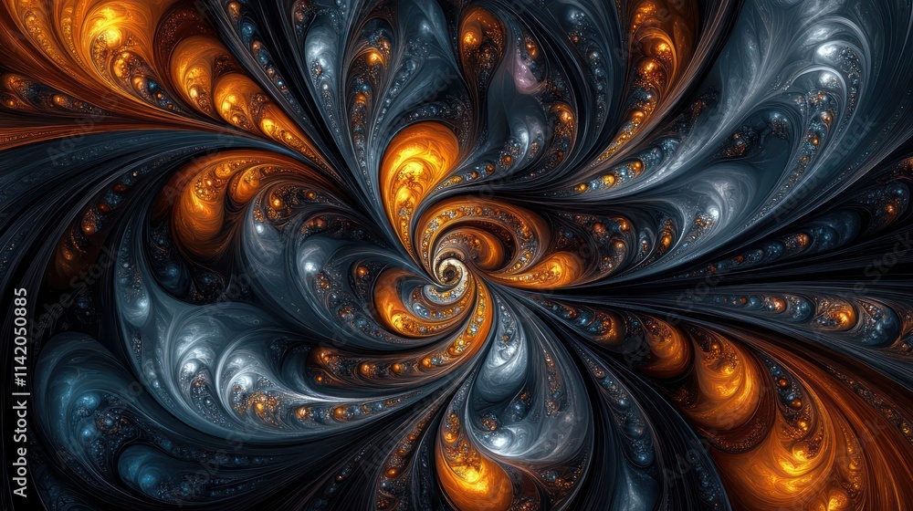 Abstract fractal design featuring swirling patterns of dark and orange hues, with intricate details and a central spiral. Abstract fractal design featuring swirling patterns of dark and orange hues, with intricate details and a central spiral.