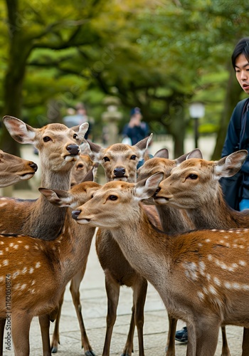  A lively scene in Nara Park where a group of deer surrounds a surprised visitor holding shika senbei, creating a playful and chaotic moment.
 photo